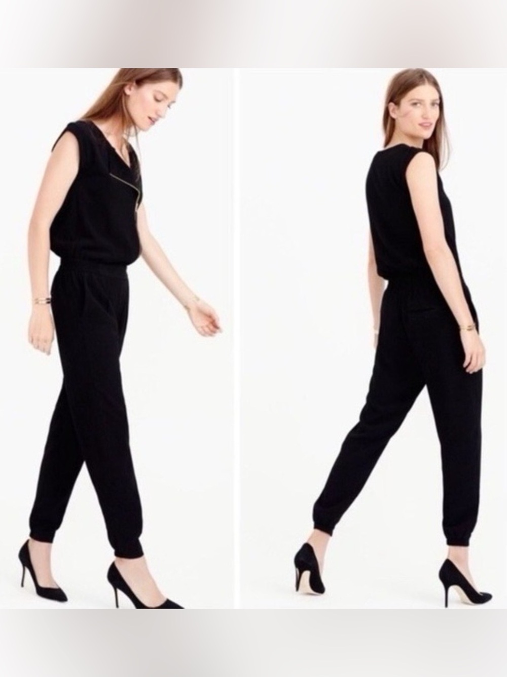 J.crew Size 8 Black Asymmetrical Zip Front Sleeveless 100% Viscose Jumpsuit